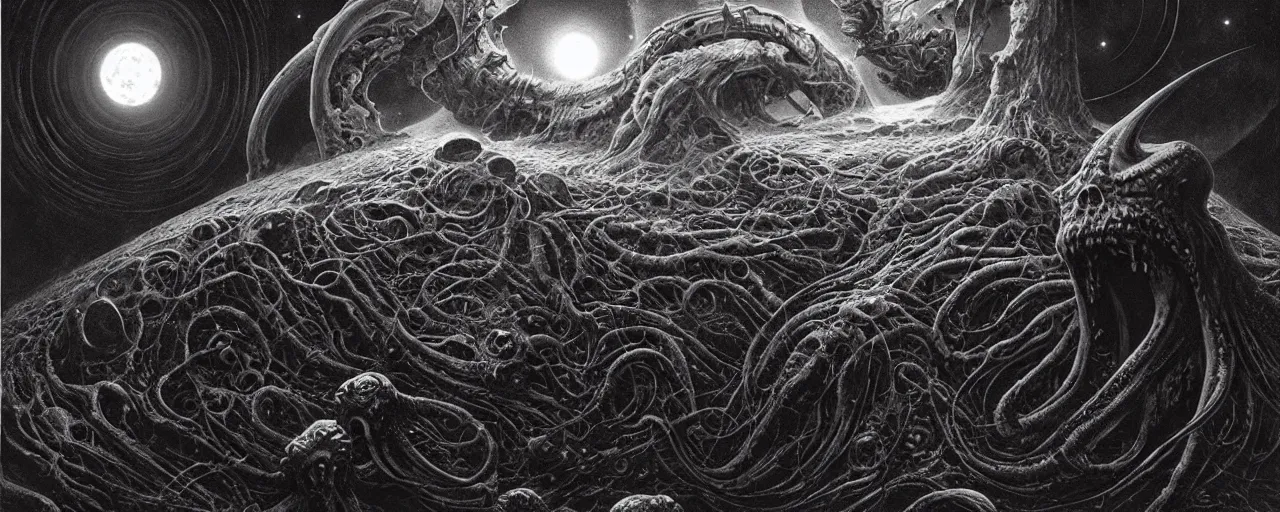 Image similar to outer space with eldritch terror and Cthulhu in the middle of composition, cosmic horror, ultra realistic, highly detailed, HD, sharp focus, cinematic lighting, realistic, art by HR Giger, art by Zdzislaw Beksinski