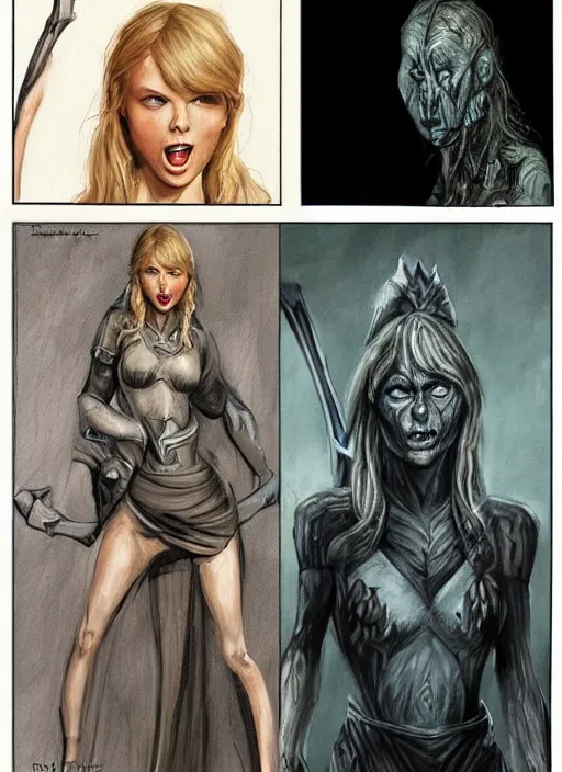 Image similar to beautiful concept art comic book drawing of taylor swift imitating an uruk - hai by randy vargas and simon bisley