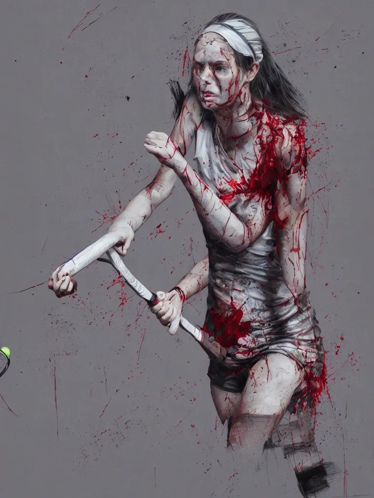 Prompt: young adult woman playing tennis, cyberpunk, painful, cardboard, blood stains on shirt, blood on tennis court, bleeding audience, illustration, traditional drawing style, dramatic mood, textured canvas, highly detailed, fine art, melancholic art, oil pastels, 8 k render octane high definition cgsociety