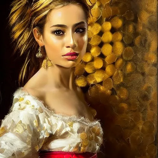 Image similar to a beautiful girl from colombia, fine arts, elegante composition, expensive art, gold