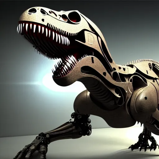 Image similar to Cyborg T-rex in a lab, extended robotic arms, photorealistic, 4K, HD, 3D