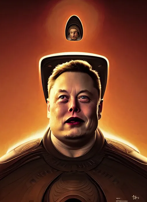 Prompt: elon musk as vladimir harkonnen, dune, portrait, intricate, elegant, highly detailed, digital painting, artstation, concept art, wallpaper, smooth, sharp focus, illustration, art by h. r. giger and artgerm and greg rutkowski and alphonse mucha