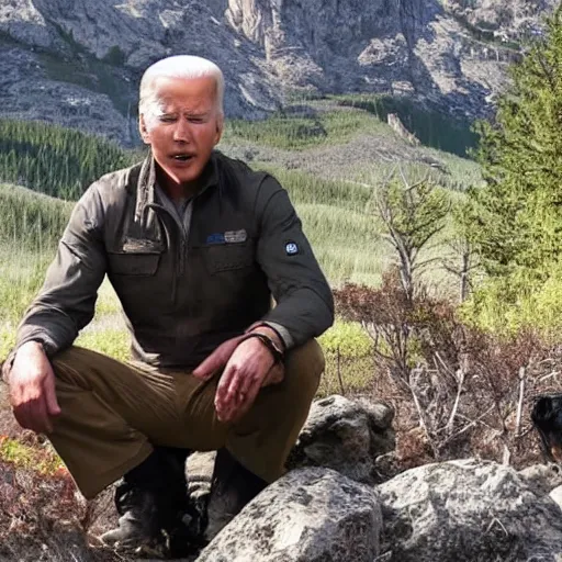 Prompt: a wilderness survival show with joe biden