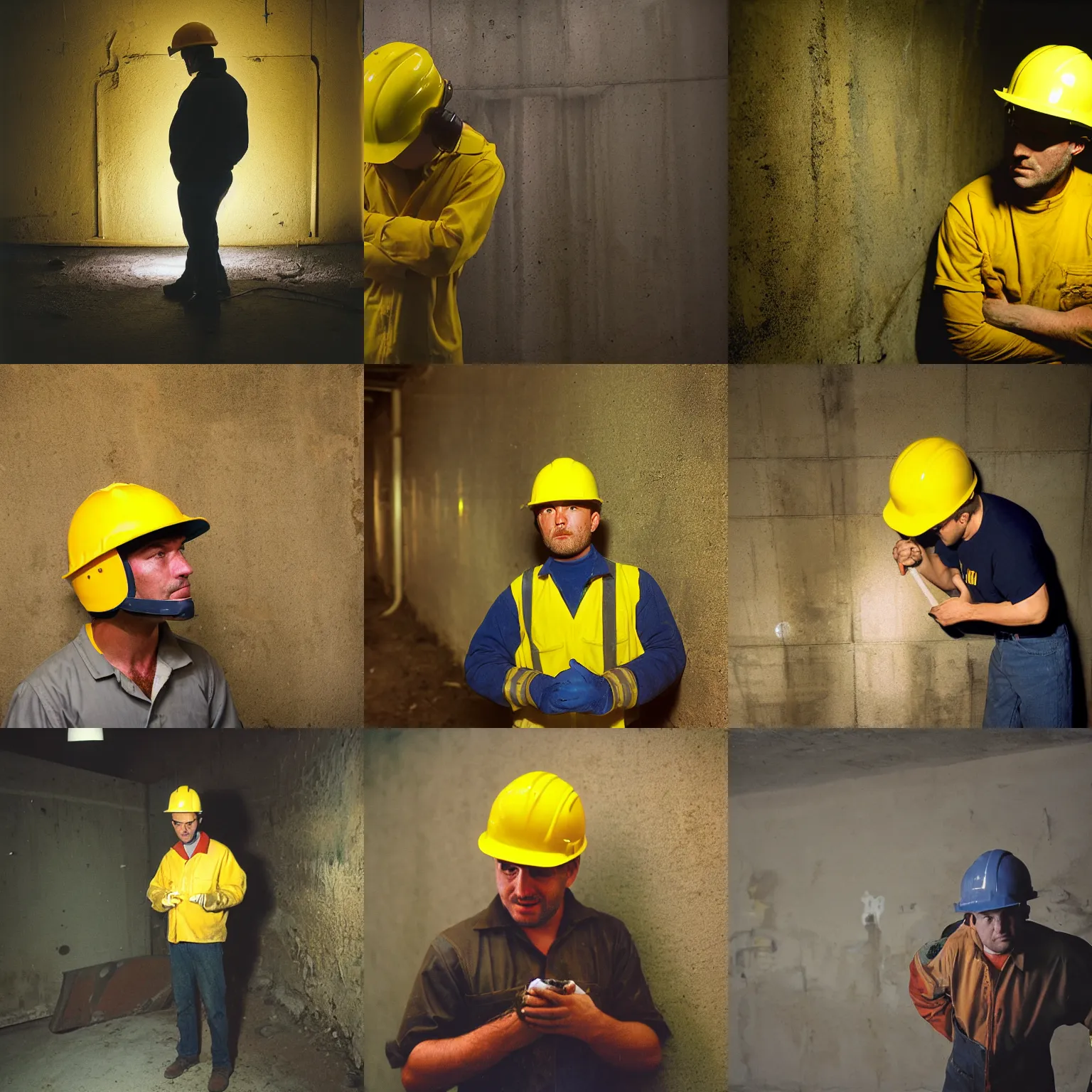 Prompt: A man, working clothes, yellow helmet, headlight, face, dirty Concrete wall ; basement , night; 90's professional color photograph, close up, view from front.