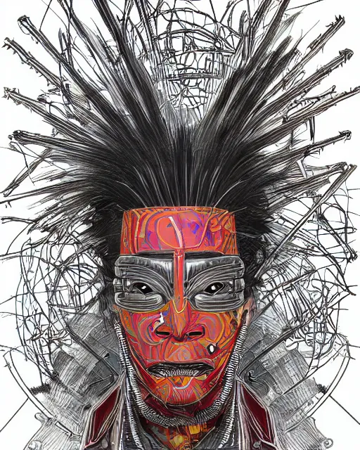 Prompt: a cyberpunk portrait of a samurai warrior demon mask by jean - michel basquiat, by hayao miyazaki by artgerm, highly detailed, sacred geometry, mathematics, snake, geometry, cyberpunk, vibrant, water