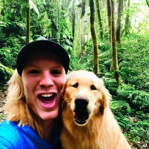 Image similar to selfie of a golden retriever dog showing tongue in front of a rainforest