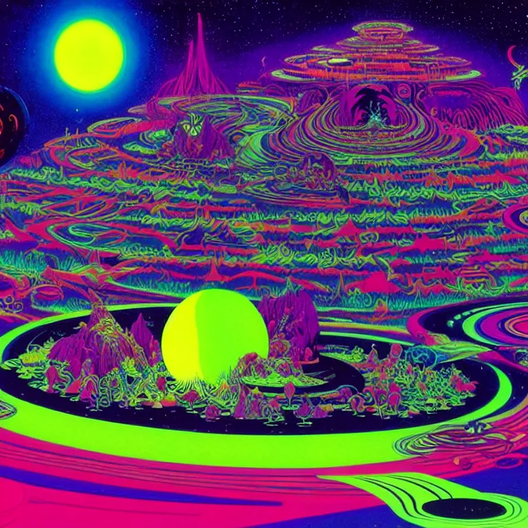 Prompt: psychedelic ringed planet, bright neon colors, highly detailed, cinematic, eyvind earle, tim white, philippe druillet, roger dean, lisa frank, aubrey beardsley