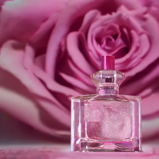 Image similar to perfume bottle surrounded by bouquet of artistic, luscious pink roses, romantic sparkly mist, soft femme, simple path traced, environment, up close shot