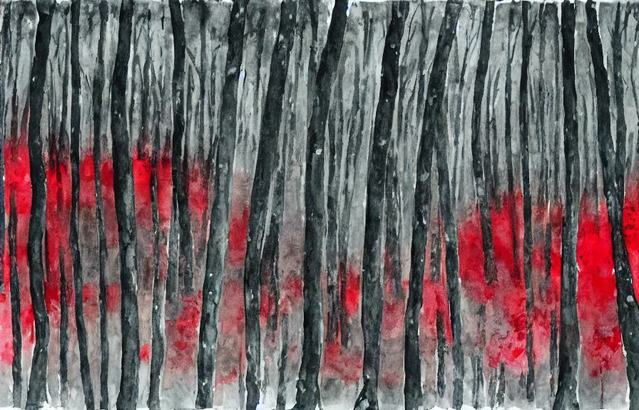 Image similar to dark and gloomy forest filled with toxic waste, dark stormy sky, raining red rain, watercolor painting