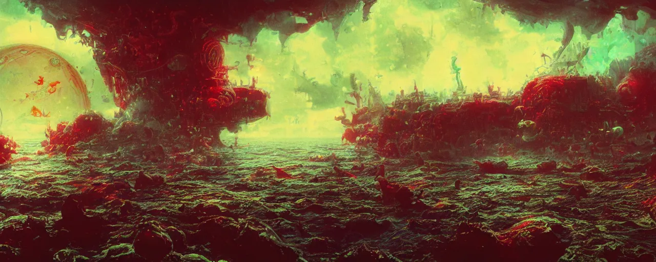 Image similar to ” ocean made of blood and rats, [ bubbles, by paul lehr, cinematic, detailed, epic, widescreen, opening, establishing, mattepainting, photorealistic, realistic textures, octane render ] ”