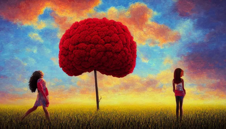 Image similar to giant red carnation afro head, full body, girl watching sunset, empty wheat field, surreal photography, colorful clouds, tree, impressionist painting, colorful clouds, digital painting, pointillism, artstation, simon stalenhag