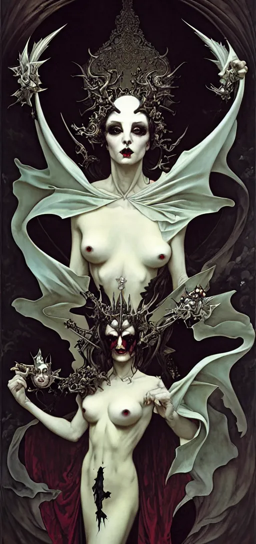 Image similar to baroque oil painting of vampire queen in gothic robes with bat wings, by nekro, peter mohrbacher, alphonse mucha, brian froud, yoshitaka amano, kim keever, victo ngai, james jean