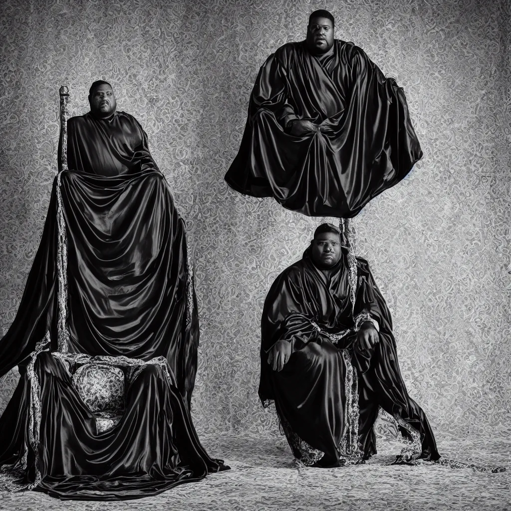 Image similar to one Large black man sitting on throne wrapped in silk, background made of large folding silky curtains, dark, 8K photo realistic, black and white color, dimly lit, top light, dark