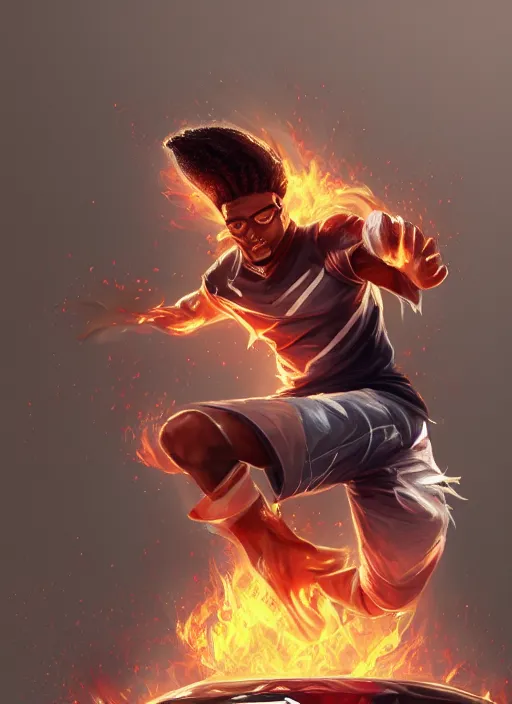 Image similar to a highly detailed illustration of young black guy with tall hair wearing tracksuit with flaming feet, heroic kicking pose, intricate, elegant, highly detailed, centered, digital painting, artstation, concept art, smooth, sharp focus, league of legends concept art, wlop