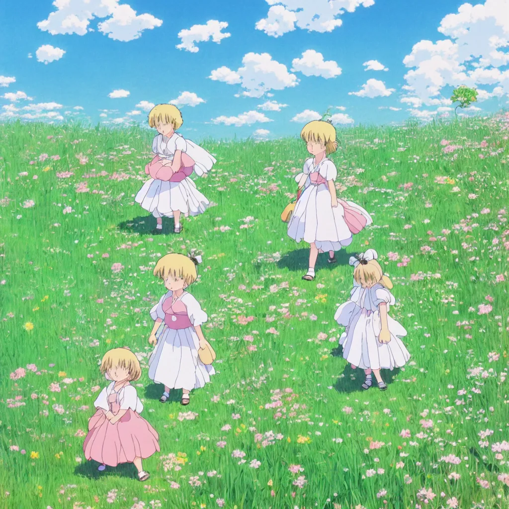 Prompt: little girl in princess dress with her puppy, walking through a field of flowers, puffy clouds, beautiful, summer, calm, studio ghibli, art by hayao miyazaki, makoto shinkai