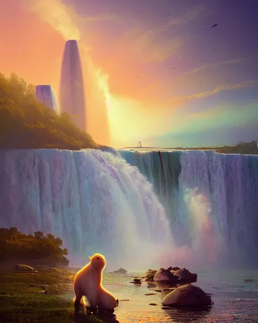 Image similar to white capybara at niagra falls, surreal photography, sunrise dramatic light, impressionist painting, colorful clouds, digital painting, artstation, kilian eng, john harris, bastien lecouffe - deharme, simon stalenhag, flower face