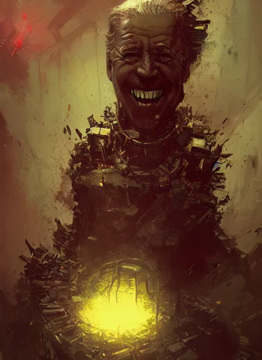 Image similar to Joe Biden grinning emperor of the world, high contrast, cosmic horror, abstract, masterpiece, trending on ArtStation, by Greg Rutkovski and by Craig Mullins and by David Cronenberg and by Ismail Inceoglu, very detailed, lovecraftian, dark, evil