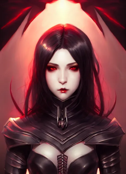 Image similar to full plate armor!!! beautiful and elegant dark hair female vampire!! gorgeous ayes!! character concept art, sharp focus, octane render! unreal engine 5! highly rendered!! trending on artstation!! detailed linework!! illustration by artgerm, wlop, and chie yoshii