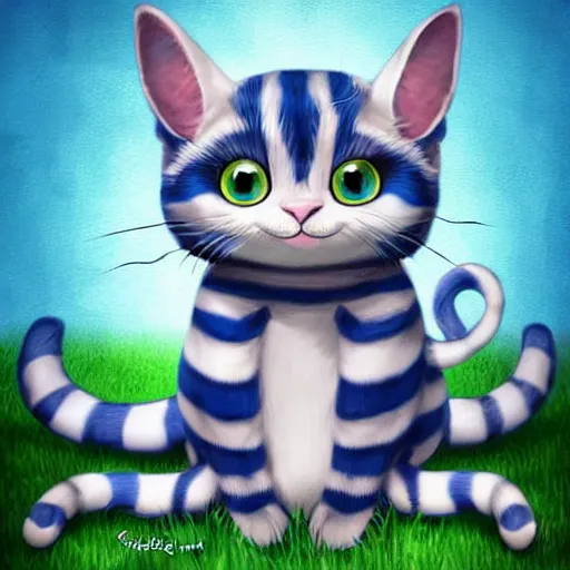 Prompt: cute blue striped cheshire cat from alice in wonderland. an adorable cat with light blue stripes, blue eyes and a big playful smile. award - winning digital art by mona sundberg