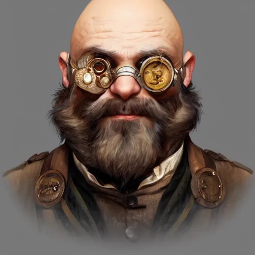 Image similar to Three quarters portrait of a bald male steampunk dwarf with long brown beard, highly detailed, digital painting, art by Stanley Lau and Artgerm and magali villeneuve and Alphonse Mucha, artstation, octane render, cgsociety