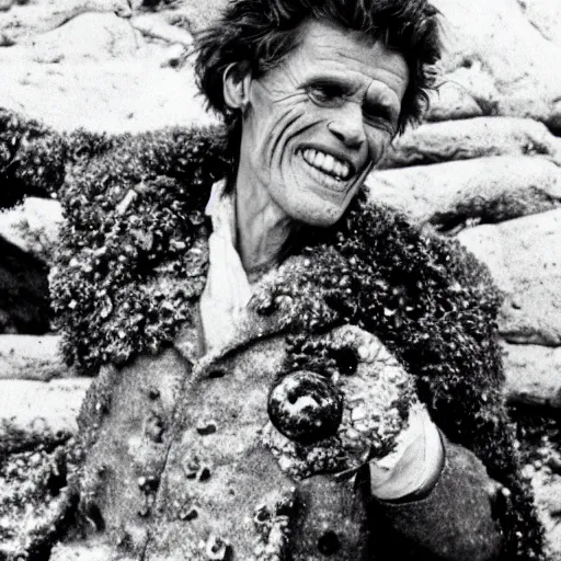 Image similar to black and white photo of william dafoe, encrusted with barnacles, laughing