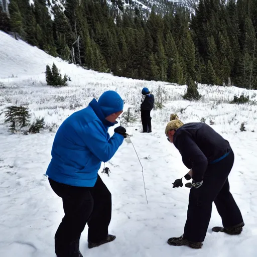 Image similar to a research team finding ancient human remains under snow, some parts of the remains are covered in ice, in the background is frosted green hills with a pine forest.