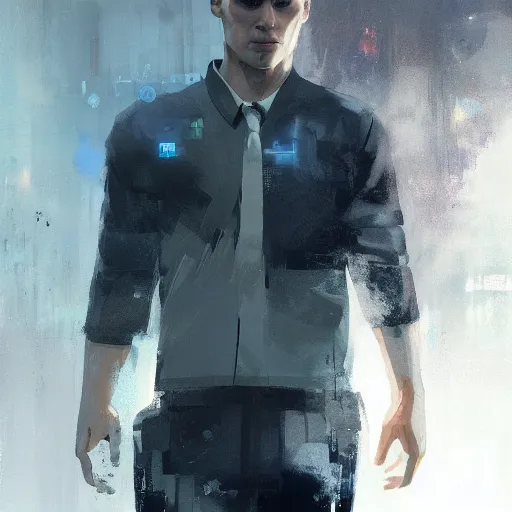 Prompt: connor from detroit become human exploding by greg rutkowski