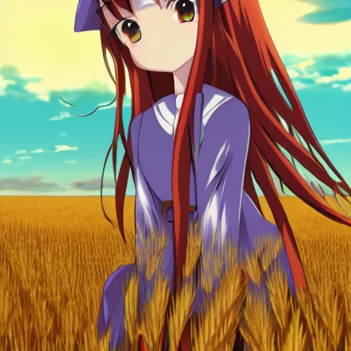 Image similar to anime illustration of Holo from Spice and Wolf standing in a wheat field at sunset, Holo if a wolf girl