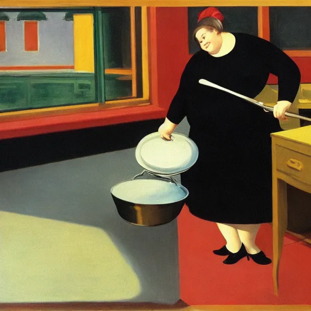 Prompt: a fat lady dressed in black holding a large frying pan edward hopper