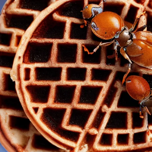 Image similar to a perfect waffle covered in ants, 8 k resolution photo