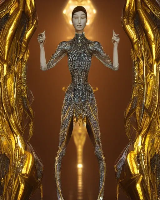 Image similar to a highly detailed metahuman 4 k close up render of an alien goddess bella hadid monument gothic in iris van herpen dress schiaparelli in diamonds crystals swarovski and jewelry iridescent in style of alphonse mucha gustav klimt trending on artstation made in unreal engine 4