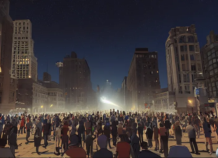 Image similar to crowd of working citizens protests while missles and bombs explode in the city, DSLR 35mm, by Edward Hopper and Dan Mumford and WLOP and Aleksandr Aleksandrovich Deyneka and Andrei Andreyevich Popov, Unreal Engine 5, Lumen, Nanite