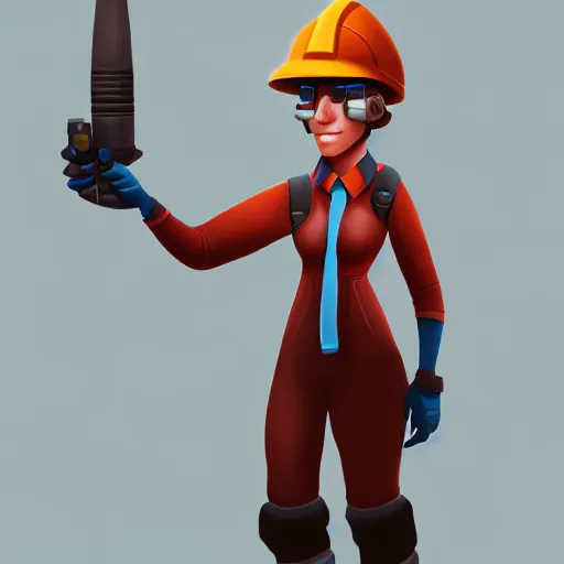 Prompt: digital painting of engineer from team fortress 2 as a woman, 4 k, 8 k, hd, high resolution, trending on artstation