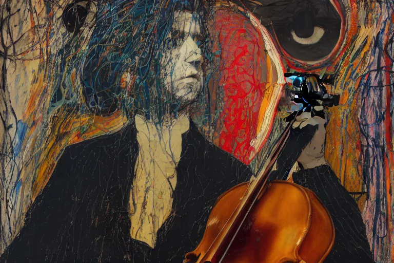 Image similar to portrait of a young cellist focusing with a background of hundreds of cellos by vincent lefevre and hernan bas and pat steir and hilma af klint, psychological, symmetrical face, dripping paint, rendered in octane, altermodern, masterpiece