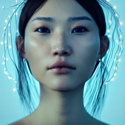 Image similar to intricate highly detailed face portrait of asian - european woman, light blue water vines on her face, intricate, cgsociety, unreal engine, octane render, sharp focus, smooth, volumetric lighting, cinematic composition, artstation