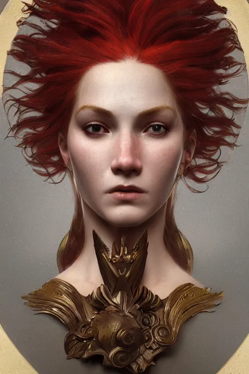 Prompt: face matte portrait of a red haired valkyry in a heroic pose and wearing thick bronze plate armo art by albert bierstadt, alphonse mucha, andreas rocha, greg rutkowski, sharp edges. ultra clear detailed. 8 k. elegant. octane render