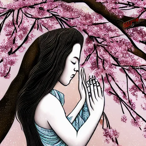 Image similar to a crying woman in a white gown kneeling at a beautiful shrine under a cherry blossom tree, rainy wet, ultradetailed, hd 8 k, illustration, aaron horkey