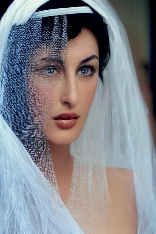 Image similar to young arab Monica Bellucci, blue eyes, long wavy black hair, white veil, closeup, focus, light makeup