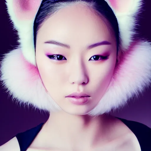 Prompt: aesthetic portrait of a beautiful young Japanese woman with furry white cat ears, by Nick Knight, headshot, realistic, photorealistic, HD, 4k resolution