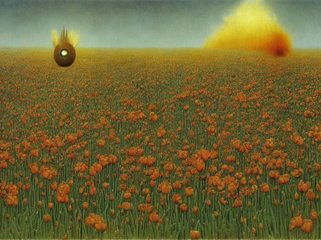 Image similar to Fire blazing through the field of giant alien irises. Strange moths with huge eyes. Painting by Beksiński, Jan van Eyck, Henri Rousseau.