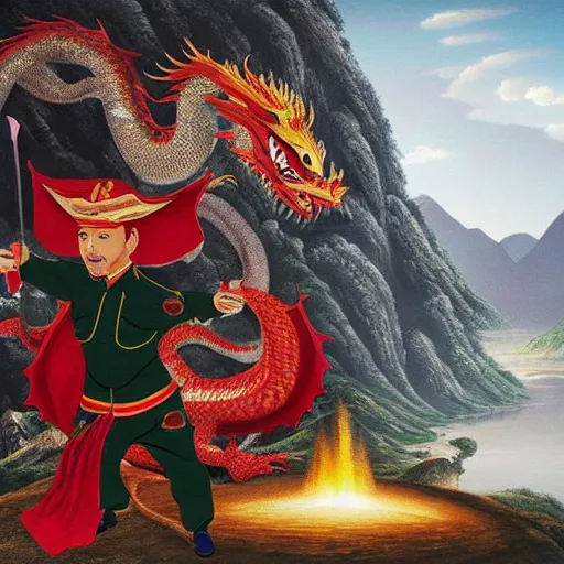 Image similar to Chinese president, battle against dragon, bananas weapon, mountains background, fighting stance, painting