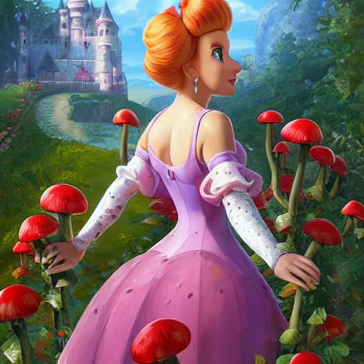 Image similar to portrait of princess peach from Mario, running up a hill of exotic flowers in the Mushroom Kingdom, giant red and white spotted mushrooms, and roses, from behind, Castle in distance, birds in the sky, sunlight and rays of light shining through trees, beautiful, solarpunk!!!, highly detailed, digital painting by Michael Garmash and Peter Mohrbacher