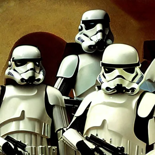 Image similar to a caravaggio artwork film still of star wars storm troopers, artwork by caravaggio