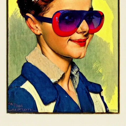 Prompt: a Norman Rockwell painting of a beautiful woman wearing brightly colored cheap sunglasses