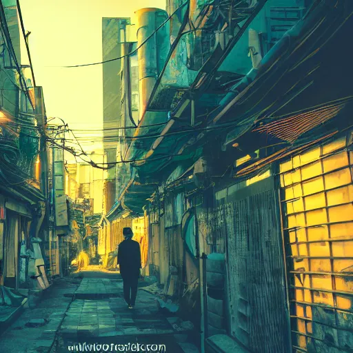 Prompt: the ruin of a cyberpunk japanese city, sunset, warm light, alleyway