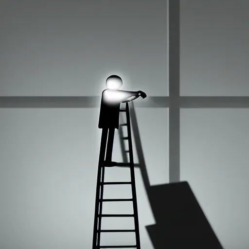 Prompt: a glowing android, standing on a ladder, replacing a defective lightbulb. dark room.