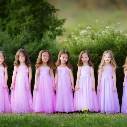 Image similar to 1 0 girls lined up of different ages from left to right, 5 0 mm lens, f 1. 4, sharp focus, ethereal, emotionally evoking, head in focus, volumetric lighting, blur dreamy outdoor,