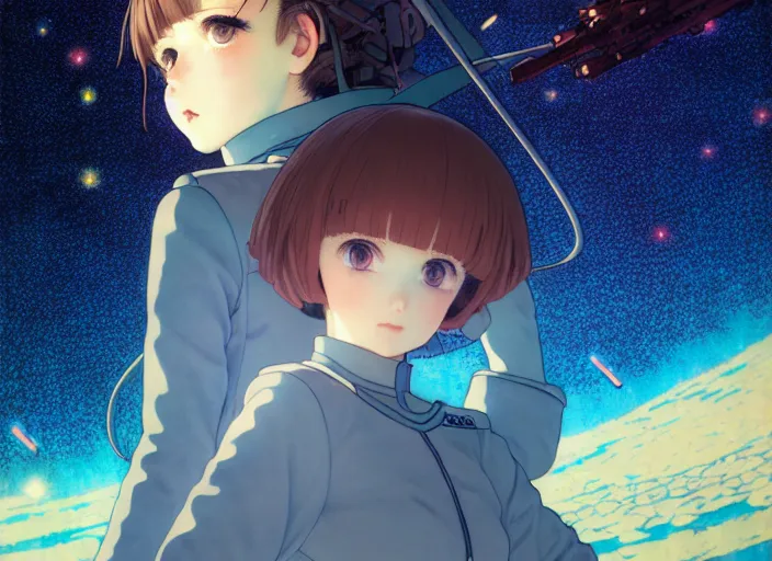 Prompt: a battle amongst the stars, Ilya Kuvshinov, digital, concept art, Kyoto animation,last exile, blue submarine no. 6, gustav klimt,loish, murata range, kawaii, yoshitaka amano, studio lighting, manga, bright colors, beautiful, 28mm lens,mucha, vibrant high contrast, gradation, jean giraud, fantasy, rule of thirds, unreal engine, fibonacci, intricate, cel shaded, blender npr, flat, matte print, soft eyes, smooth, mucha, makoto shinkai