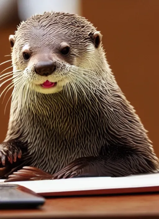 Prompt: cute otter holding a pencil at a desk