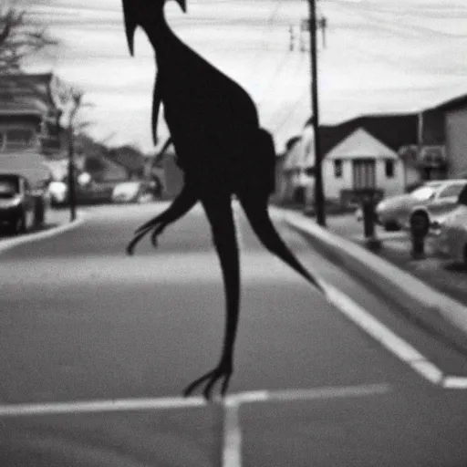 Prompt: terrifying creature on a suburban street at night, grainy color photograph 35mm